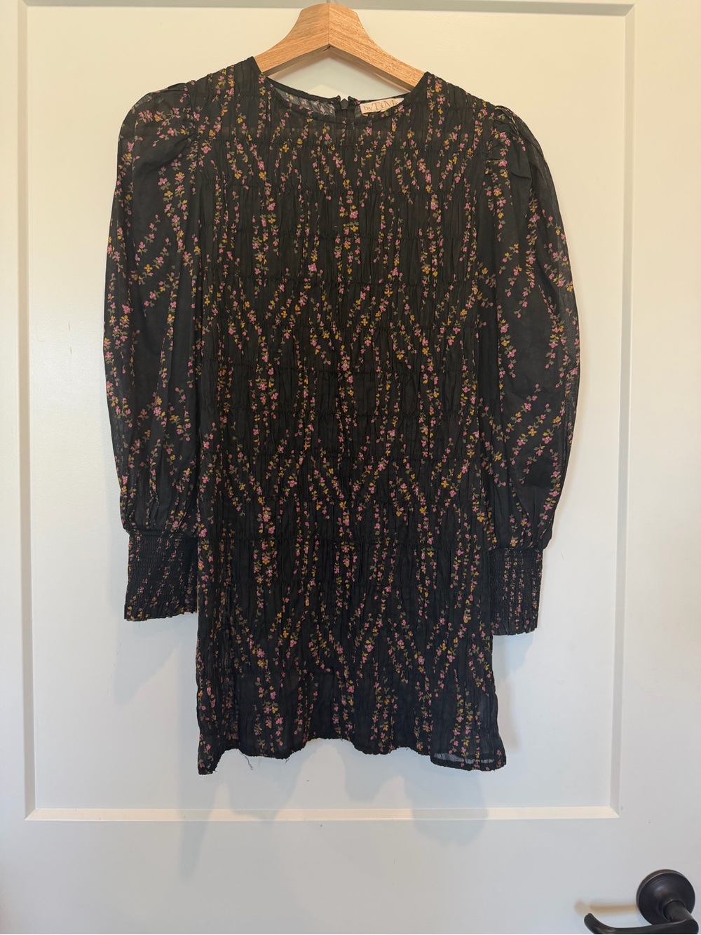 byTiMo Cotton Organza Smocking Mini Dress black "Midnight Field" floral print XS